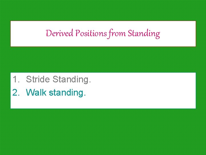 Derived Positions from Standing 1. Stride Standing. 2. Walk standing. 