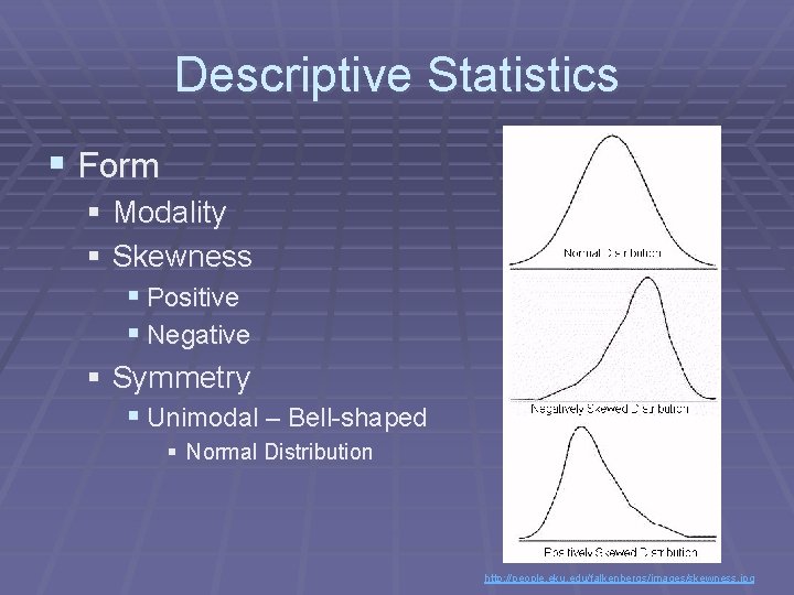 Descriptive Statistics § Form § Modality § Skewness § Positive § Negative § Symmetry