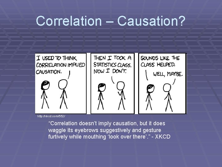 Correlation – Causation? http: //xkcd. com/552/ “Correlation doesn’t imply causation, but it does waggle