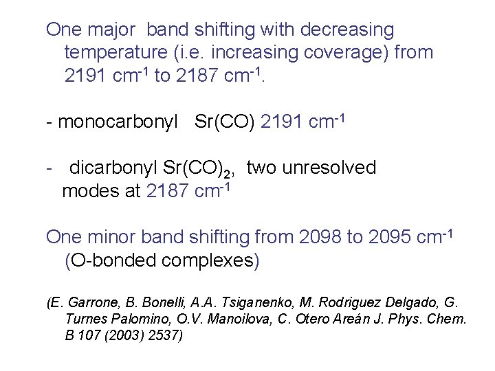 One major band shifting with decreasing temperature (i. e. increasing coverage) from 2191 cm-1