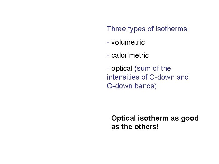 Three types of isotherms: - volumetric - calorimetric - optical (sum of the intensities