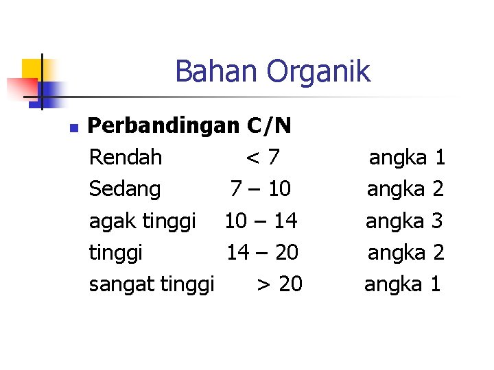 Bahan Organik n Perbandingan C/N Rendah <7 Sedang 7 – 10 agak tinggi 10