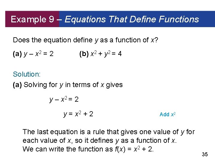 Example 9 – Equations That Define Functions Does the equation define y as a