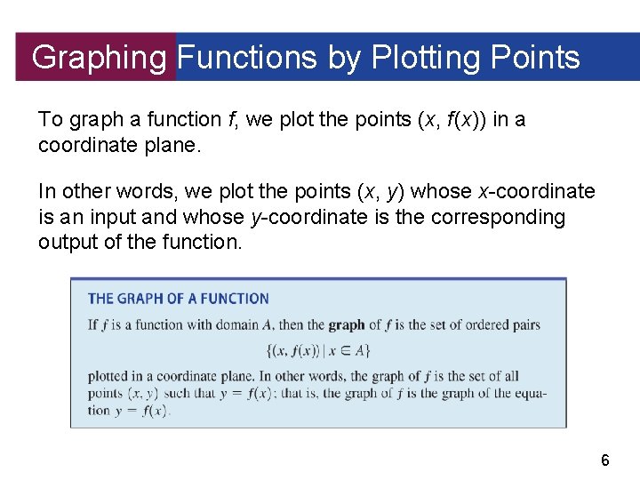 Graphing Functions by Plotting Points To graph a function f, we plot the points
