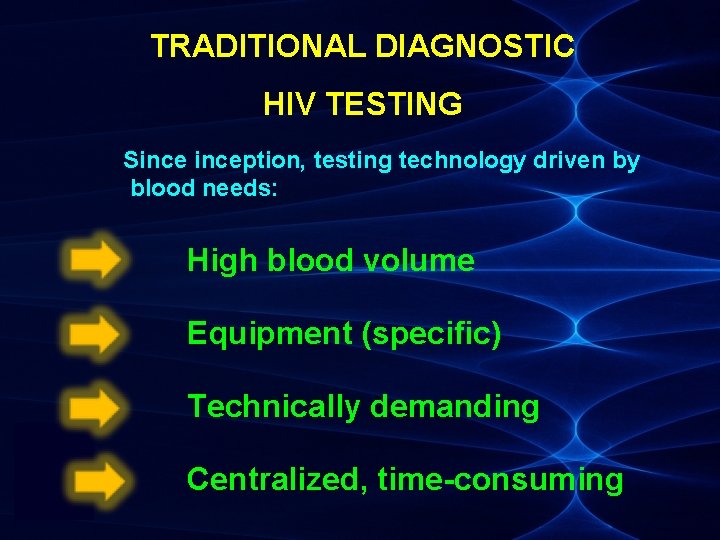 TRADITIONAL DIAGNOSTIC HIV TESTING Sinception, testing technology driven by blood needs: High blood volume