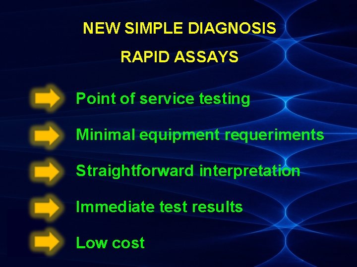 NEW SIMPLE DIAGNOSIS RAPID ASSAYS Point of service testing Minimal equipment requeriments Straightforward interpretation
