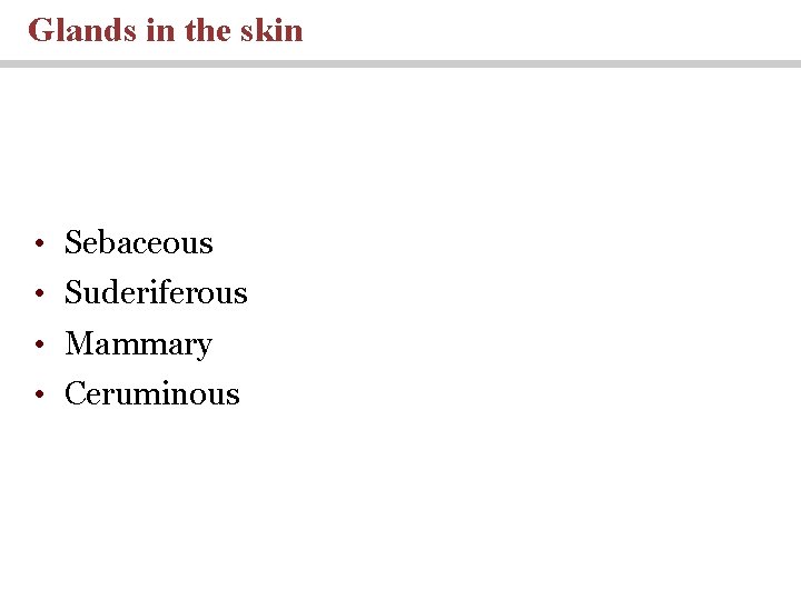Glands in the skin • Sebaceous • Suderiferous • Mammary • Ceruminous 