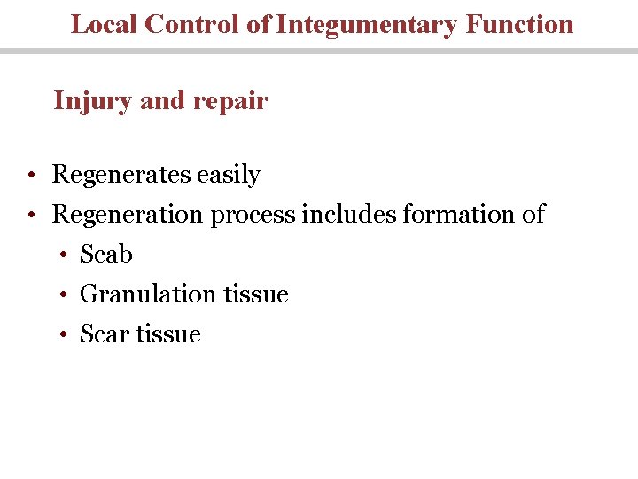 Local Control of Integumentary Function Injury and repair • Regenerates easily • Regeneration process
