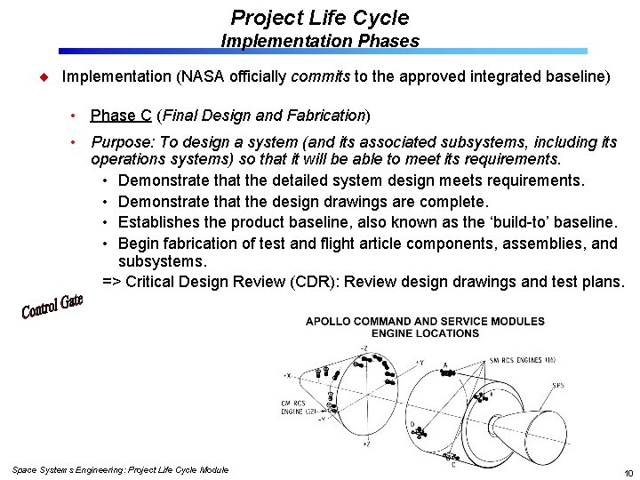 Project Life Cycle Implementation Phases Implementation (NASA officially commits to the approved integrated baseline)