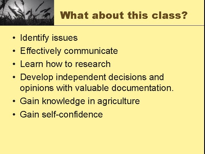What about this class? • • Identify issues Effectively communicate Learn how to research