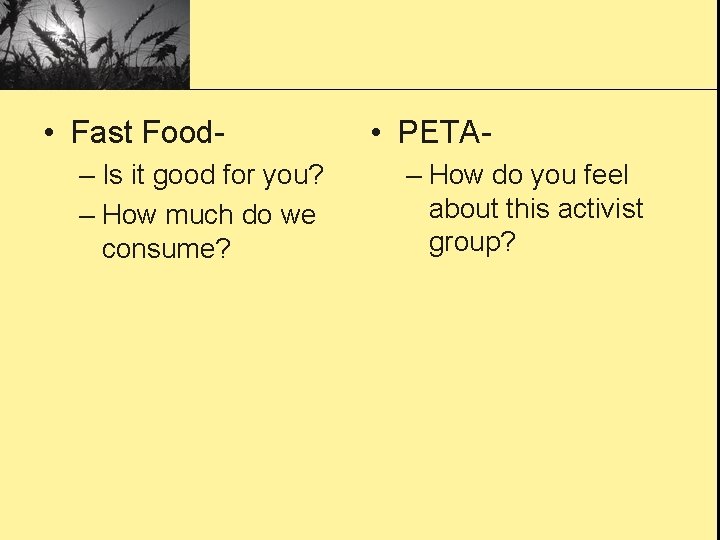  • Fast Food– Is it good for you? – How much do we