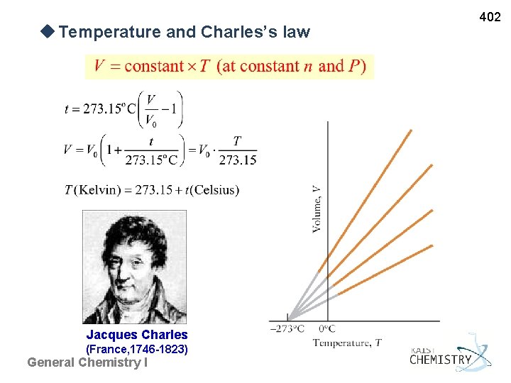 u Temperature and Charles’s law Jacques Charles (France, 1746 -1823) General Chemistry I 402