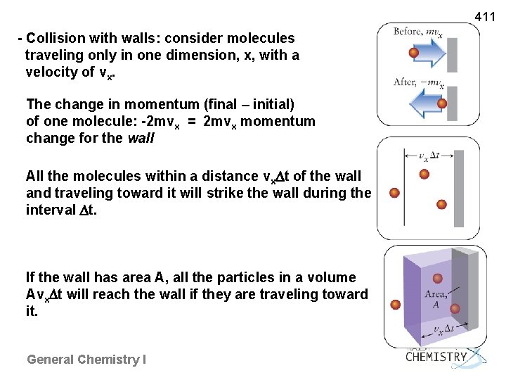 411 - Collision with walls: consider molecules traveling only in one dimension, x, with