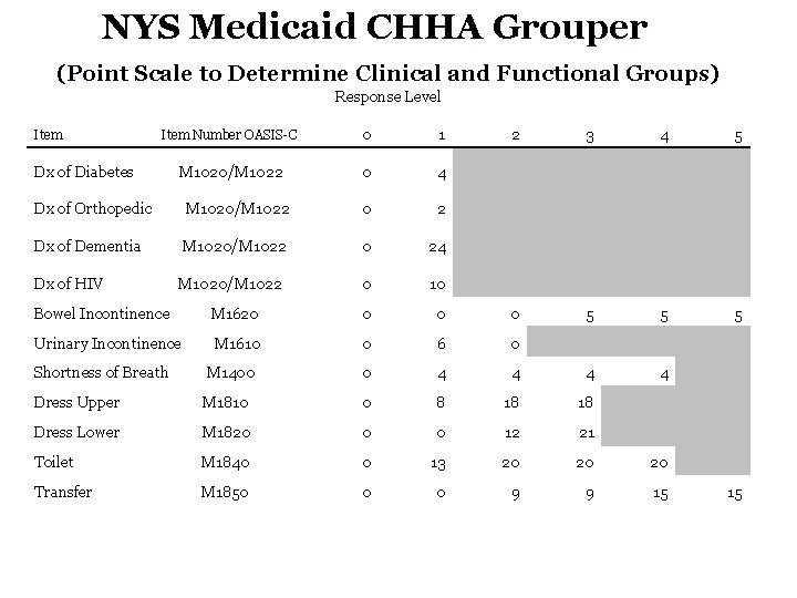 NYS Medicaid CHHA Grouper (Point Scale to Determine Clinical and Functional Groups) Response Level