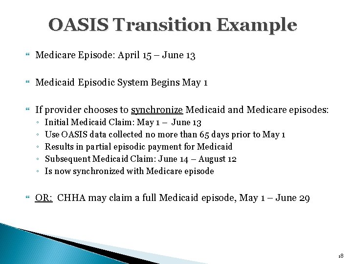 OASIS Transition Example Medicare Episode: April 15 – June 13 Medicaid Episodic System Begins