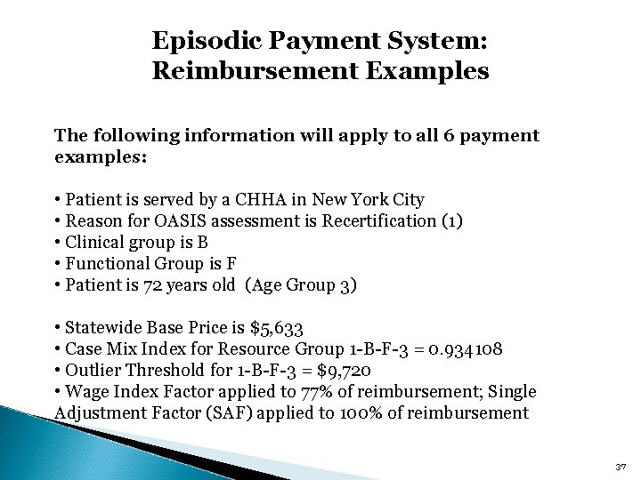 Episodic Payment System: Reimbursement Examples The following information will apply to all 6 payment