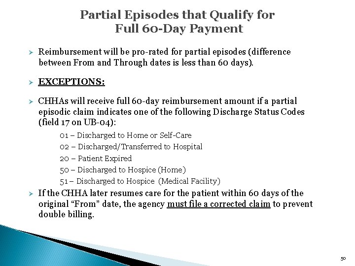 Partial Episodes that Qualify for Full 60 -Day Payment Ø Reimbursement will be pro-rated