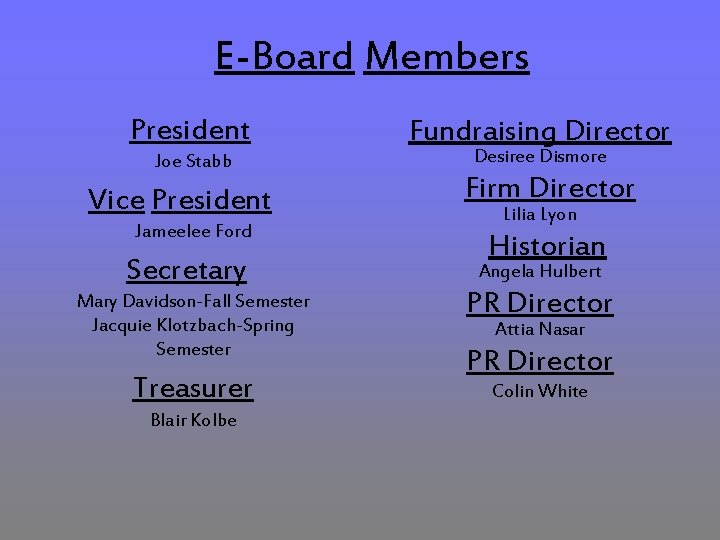 E-Board Members President Joe Stabb Vice President Jameelee Ford Secretary Fundraising Director Desiree Dismore