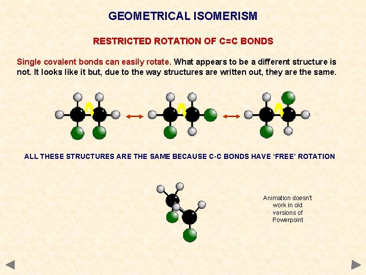 GEOMETRICAL ISOMERISM RESTRICTED ROTATION OF C=C BONDS Single covalent bonds can easily rotate. What GEOMETRICAL ISOMERISM RESTRICTED ROTATION OF C=C BONDS Single covalent bonds can easily rotate. What