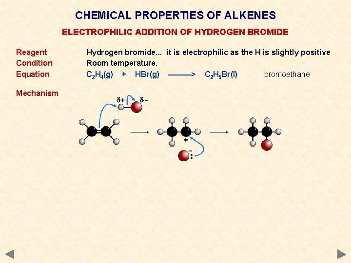CHEMICAL PROPERTIES OF ALKENES ELECTROPHILIC ADDITION OF HYDROGEN BROMIDE Reagent Condition Equation Mechanism Hydrogen CHEMICAL PROPERTIES OF ALKENES ELECTROPHILIC ADDITION OF HYDROGEN BROMIDE Reagent Condition Equation Mechanism Hydrogen