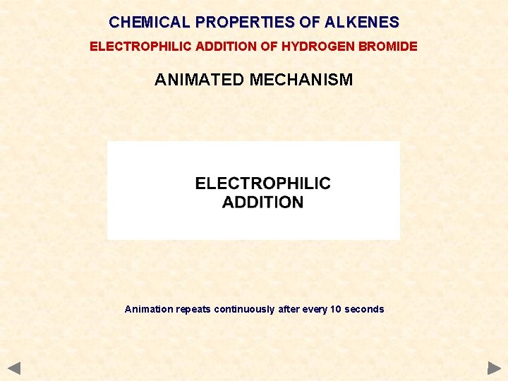 CHEMICAL PROPERTIES OF ALKENES ELECTROPHILIC ADDITION OF HYDROGEN BROMIDE ANIMATED MECHANISM Animation repeats continuously