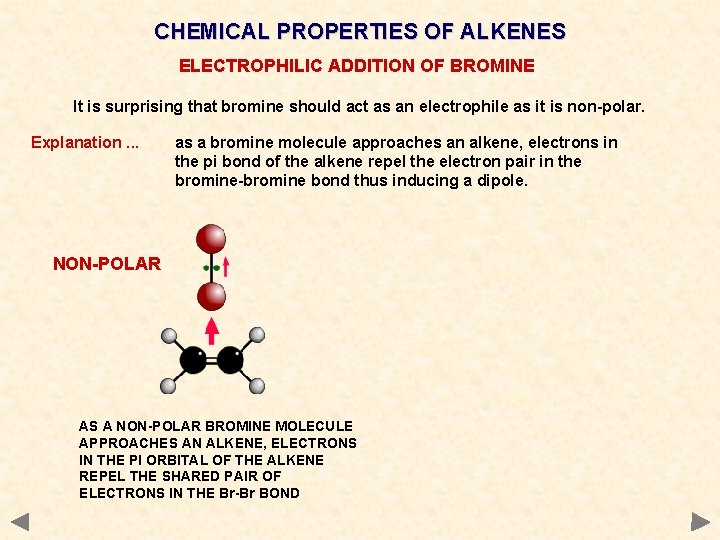 CHEMICAL PROPERTIES OF ALKENES ELECTROPHILIC ADDITION OF BROMINE It is surprising that bromine should