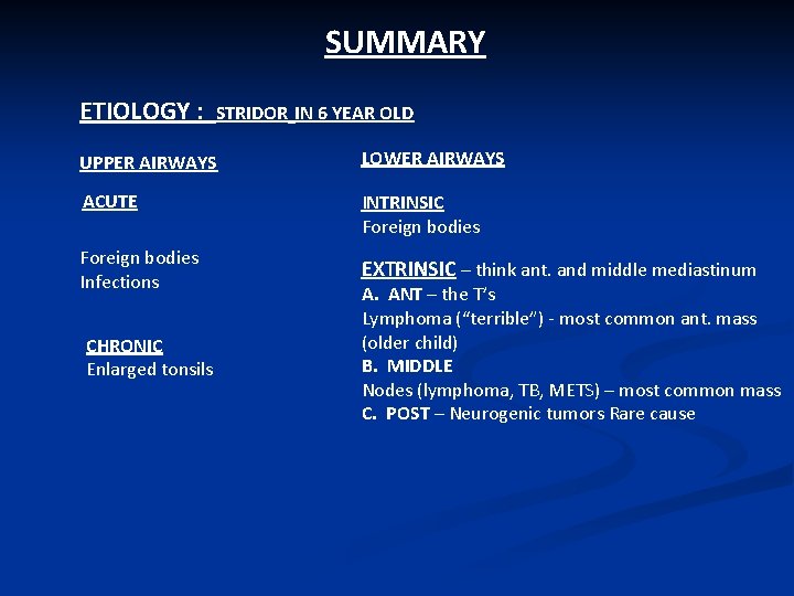 SUMMARY ETIOLOGY : STRIDOR IN 6 YEAR OLD UPPER AIRWAYS LOWER AIRWAYS ACUTE INTRINSIC