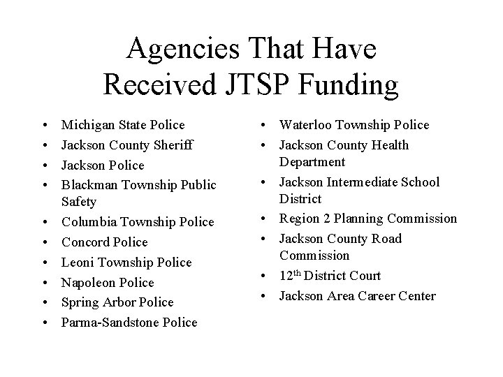 Agencies That Have Received JTSP Funding • • • Michigan State Police Jackson County