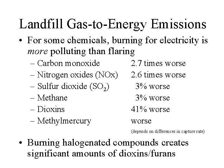 Landfill Gas-to-Energy Emissions • For some chemicals, burning for electricity is more polluting than