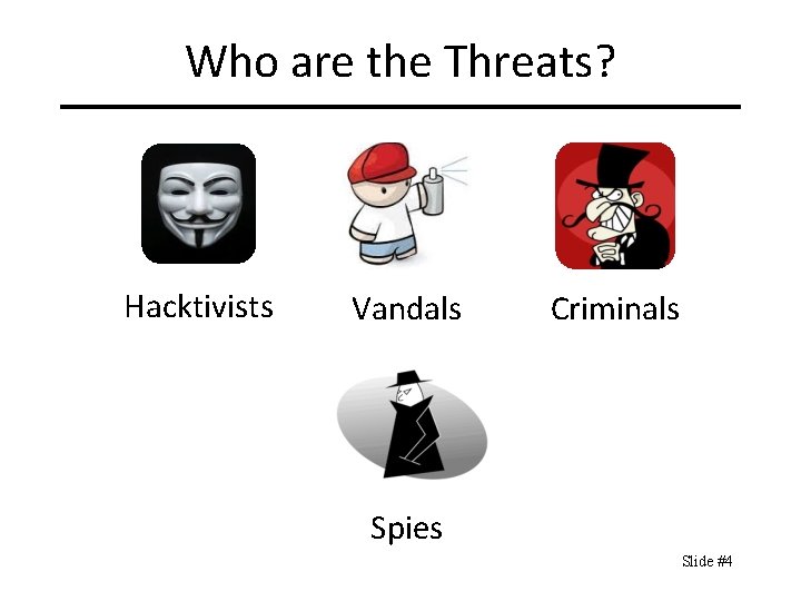 Who are the Threats? Hacktivists Vandals Criminals Spies Slide #4 