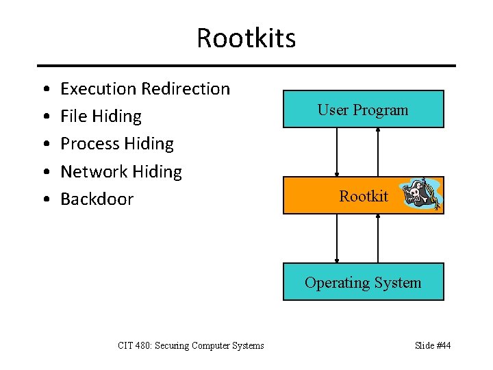 Rootkits • • • Execution Redirection File Hiding Process Hiding Network Hiding Backdoor User