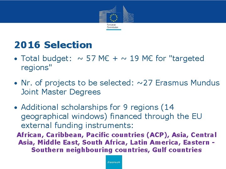 2016 Selection • Total budget: ~ 57 M€ + ~ 19 M€ for "targeted