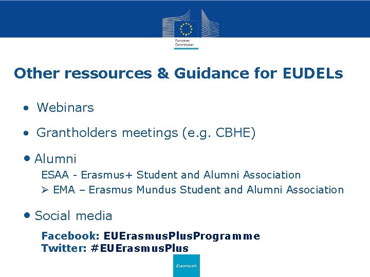 Other ressources & Guidance for EUDELs • Webinars • Grantholders meetings (e. g. CBHE)