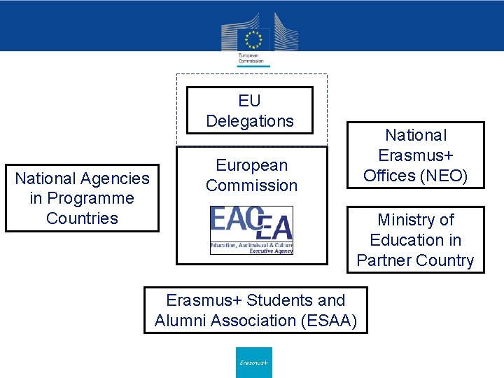 EU Delegations National Agencies in Programme Countries National Erasmus+ Offices (NEO) European Commission Ministry