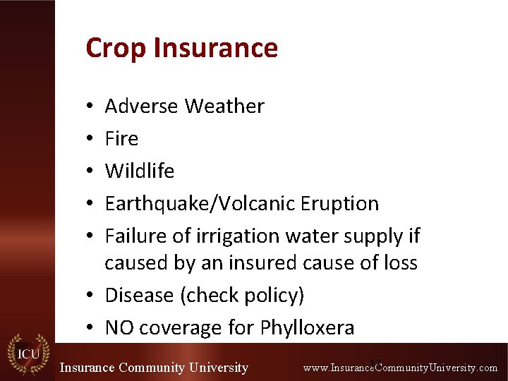 Crop Insurance Adverse Weather Fire Wildlife Earthquake/Volcanic Eruption Failure of irrigation water supply if Crop Insurance Adverse Weather Fire Wildlife Earthquake/Volcanic Eruption Failure of irrigation water supply if