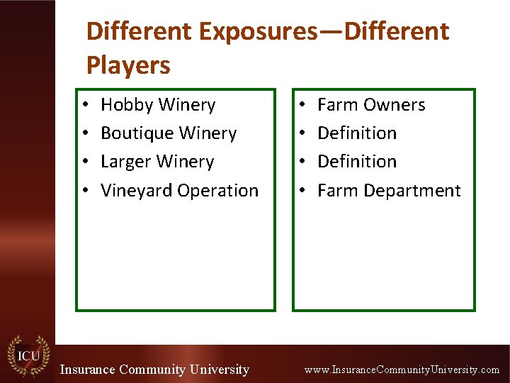 Different Exposures—Different Players • • Hobby Winery Boutique Winery Larger Winery Vineyard Operation Insurance Different Exposures—Different Players • • Hobby Winery Boutique Winery Larger Winery Vineyard Operation Insurance