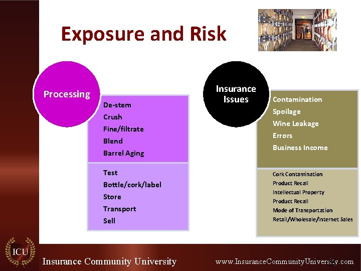 Exposure and Risk Processing De-stem Crush Fine/filtrate Blend Barrel Aging Test Bottle/cork/label Store Transport Exposure and Risk Processing De-stem Crush Fine/filtrate Blend Barrel Aging Test Bottle/cork/label Store Transport