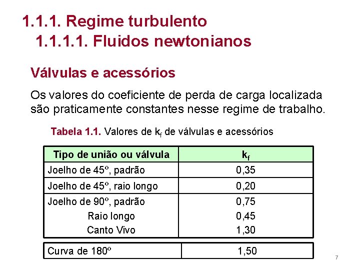 1. 1. 1. Regime turbulento 1. 1. Fluidos newtonianos Válvulas e acessórios Os valores