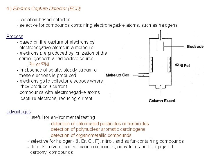 4. ) Electron Capture Detector (ECD) - radiation-based detector - selective for compounds containing