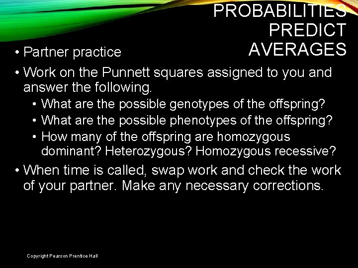 PROBABILITIES PREDICT AVERAGES • Partner practice • Work on the Punnett squares assigned to