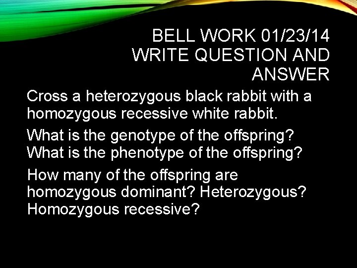 BELL WORK 01/23/14 WRITE QUESTION AND ANSWER Cross a heterozygous black rabbit with a
