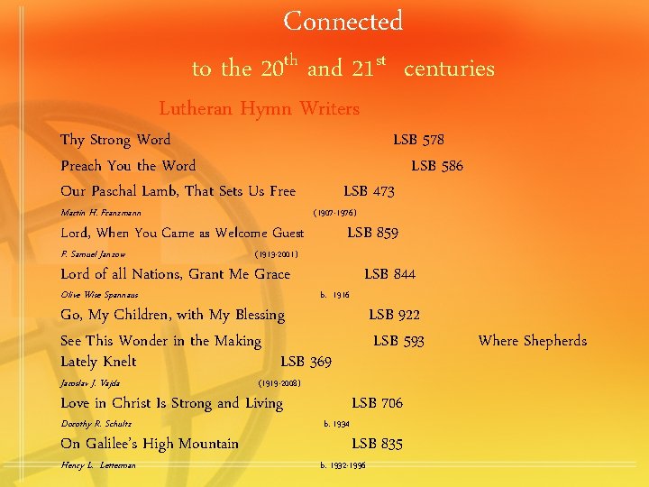 Connected to the 20 th and 21 st centuries Lutheran Hymn Writers Thy Strong
