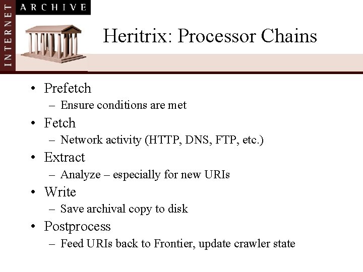 Heritrix: Processor Chains • Prefetch – Ensure conditions are met • Fetch – Network