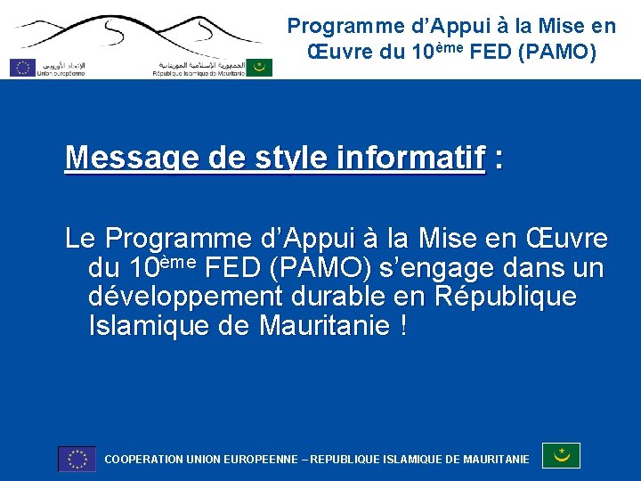 Programme d’Appui à la Mise en Œuvre du 10ème FED (PAMO) Message de style