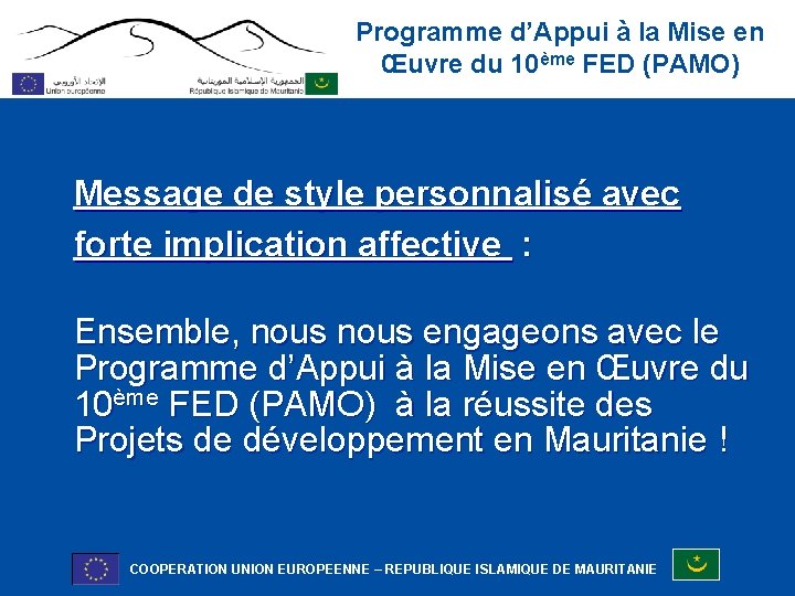 Programme d’Appui à la Mise en Œuvre du 10ème FED (PAMO) Message de style