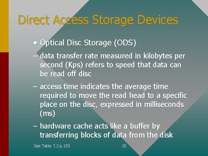 Direct Access Storage Devices • Optical Disc Storage (ODS) – data transfer rate measured