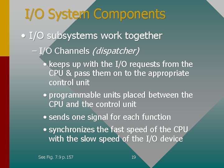 I/O System Components • I/O subsystems work together – I/O Channels (dispatcher) • keeps