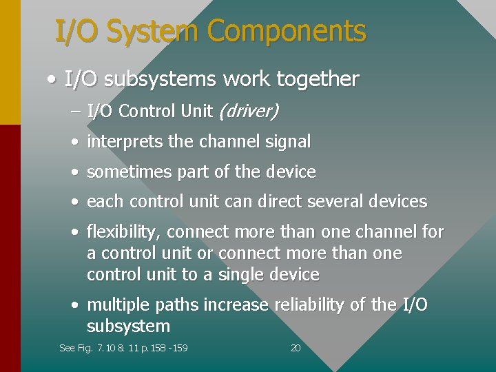 I/O System Components • I/O subsystems work together – I/O Control Unit (driver) •