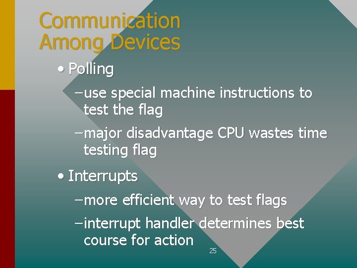 Communication Among Devices • Polling – use special machine instructions to test the flag