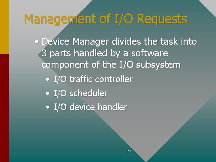 Management of I/O Requests • Device Manager divides the task into 3 parts handled